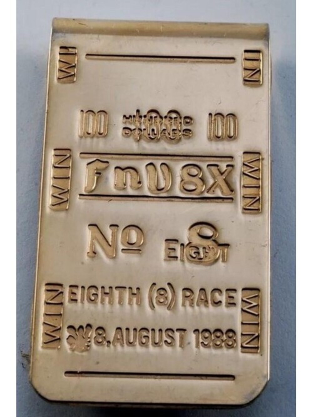 Vintage Money Clip NO.8 Eighth Race "FNV8X" 1988 Gold Plated Brass NIB